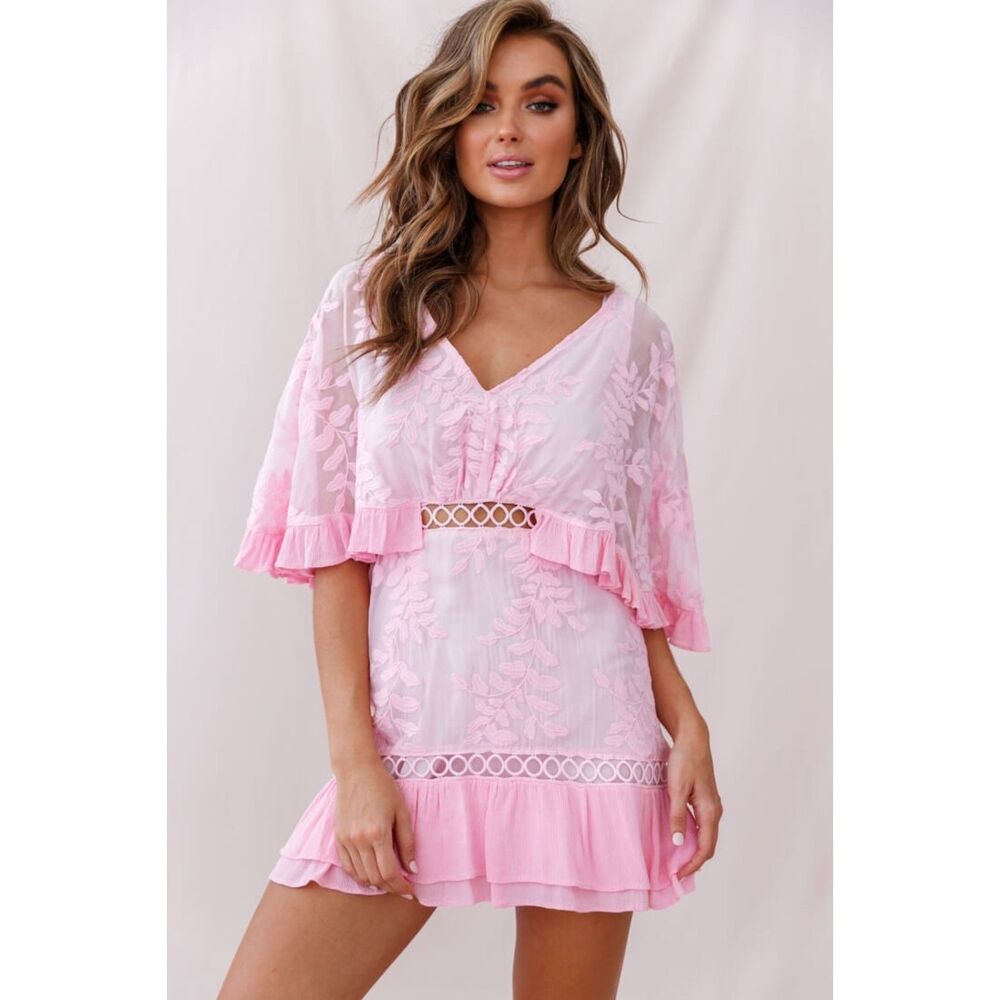 Selfie Leslie Caspar Leafy Baby Pink Embroidered Dress Coquette Large